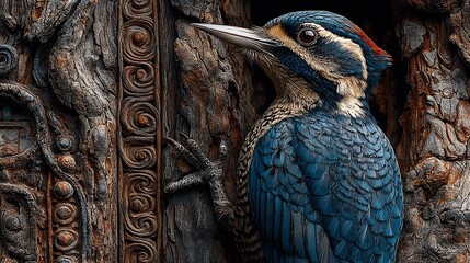 Stunning blue woodpecker with red cap clinging to carved ancient tree, a vibrant wildlife scene showcasing nature's beauty and intricate detail