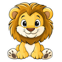 Obraz premium A charming cartoon lion cub sits with a friendly smile, its golden mane and playful expression creating a delightful and heartwarming image isolated on transparent background