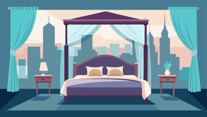 An airy loft bedroom with a canopy bed and curtains offers a serene escape from the bustling city below. © Justlight