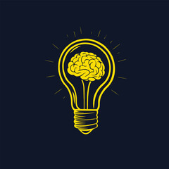 Bright yellow illustration of brain inside a glowing lightbulb on dark background. Perfect for creativity, innovation and startup themes