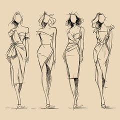 Set of four hand drawn sketches of women in stylish dresses. Elegant line art for fashion design, illustration and creative projects