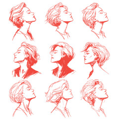 Collection of nine hand drawn female profile sketches in red lines on white background. Suitable for fashion, beauty and creative illustration projects