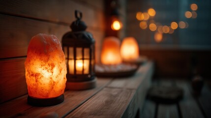 Medium shot capturing infrared salt therapy setting with glowing salt lamps in focus contrasting with outoffocus background elements for a warm soothing effect.