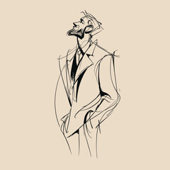 Expressive line drawing of a bearded man in a suit looking up. Minimalist sketch style on beige background, ideal for fashion and lifestyle projects