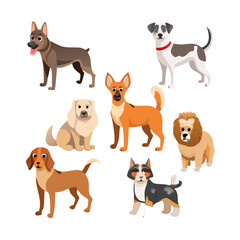 Dogs collection. Vector illustration of funny cartoon different breeds dogs in trendy flat style. Isolated on white.

