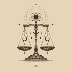 Decorative mystical vector illustration of scales with celestial symbols. Perfect for astrology, spirituality and balance themes