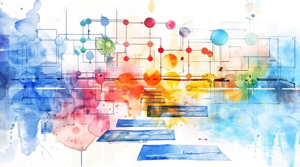 Vibrant abstract watercolor painting with intersecting geometric shapes and colorful circles representing creativity and innovation.