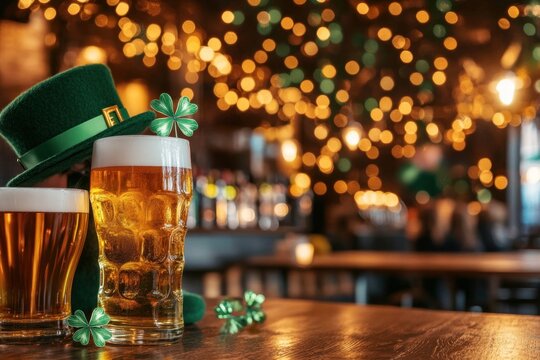 Festive St Patricks Day beer celebration at a pub