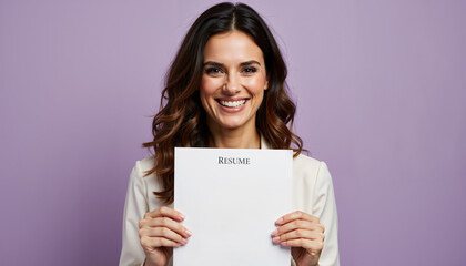 Naklejka premium Confident woman holding resume and smiling against purple background 
