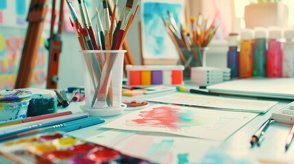 A vibrant artist's workspace filled with colorful paints, brushes, and creative materials, inspiring artistic expression and imagination.
