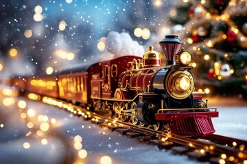 Festive Christmas Toy Train Rides Through Winter Snow
