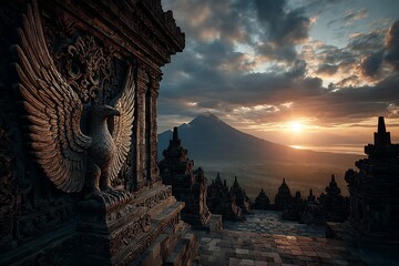 Explore the ancient beauty of Borobudur temple at sunrise with stunning mountain views, a peaceful travel destination for spiritual journeys and cultural explorations