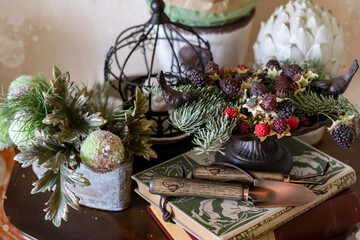 Winter romantic interior decoration in vintage style for Christmas holidays, selective focus. cozy winter garden concept