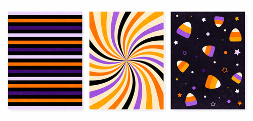 Halloween Backgrounds Set, Grunge Texture, Abstract Backrounds Collection for Halloween, Candy, Stars, Lines, Hallowen Colors Cards, Vector