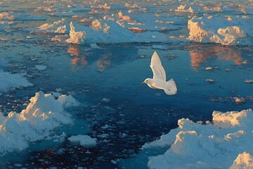 Serene Arctic scene with a white seagull soaring over icy waters and sunlit icebergs, perfect for travel, nature, or conservation projects