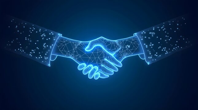 A futuristic digital handshake made of glowing blue polygons and lines. A concept of business agreement, partnership, trust, and technology in the digital age.