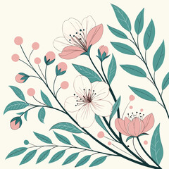 Delicate pink cherry blossoms and teal leaves arranged artistically on a pale cream background
