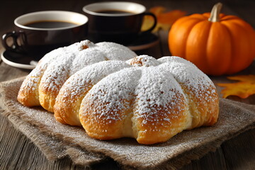 Delicious pumpkin-shaped pastries served with coffee, perfect for fall gatherings on a rustic wooden table