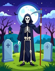 Skeleton grim reaper in graveyard at night