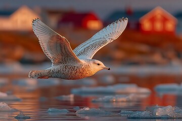 Majestic seagull soaring over icy waters at sunset with vibrant colors, perfect for travel blogs, nature documentaries, and coastal tourism promotions