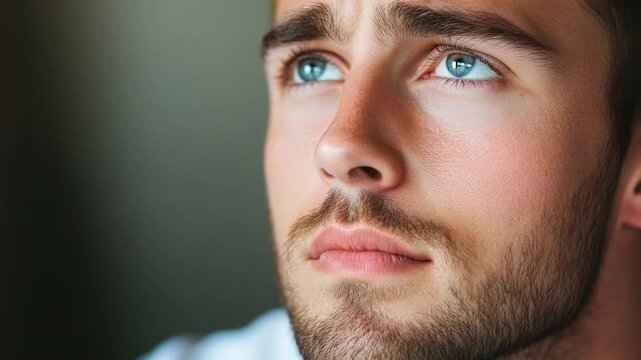 A portrait of a man's face with bright blue eyes, great for use in editorial or commercial projects where a unique eye color is needed