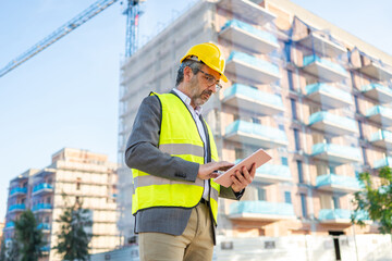 Construction engineer analyzing plans using digital tablet at building site