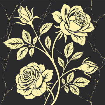 Elegant yellow roses and buds with leaves on a dark background featuring subtle gold marble texture and cracks seamless background with roses