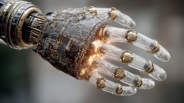 Digital metal hand robot or construction. glowing. Generative AI