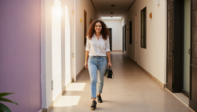 Young woman colleague walking confidently in hallway with lavender background  