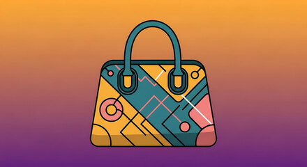 Illustration of a colorful handbag with geometric patterns on a gradient background.