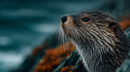 Intense otter gaze during a rainstorm on the rocky coast, evoking wildness and resilience for nature and animal lovers, captivating wildlife photography