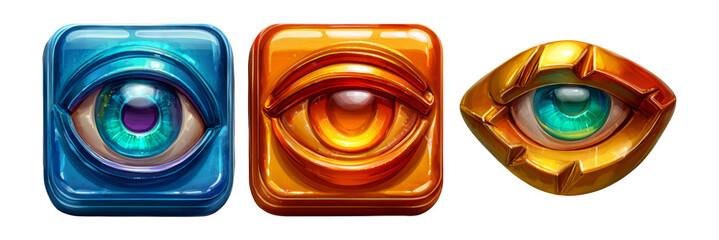 Glossy 3D Eye Icons in Vibrant Colors on Transparent Background
