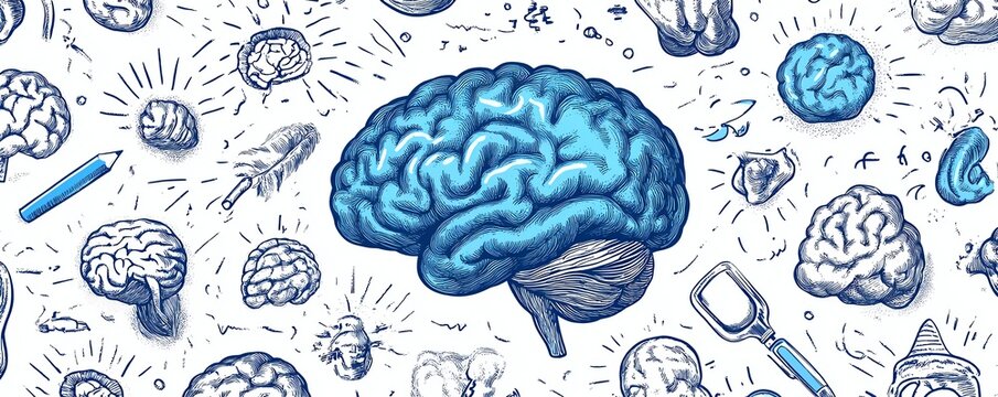 Brain icons sketch in blue and white, brainstorming and brainwork concept, creative idea generation, innovation design