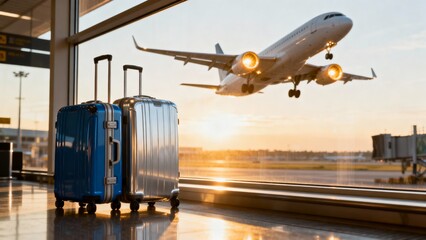 Bags stand by the window as a plane takes off during sunrise at the airport