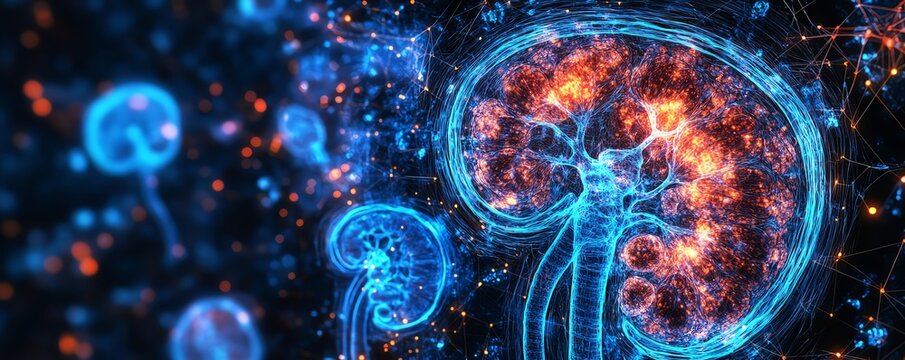 Chronic kidney disease effects on renal tissue, kidney pathology image, histopathology highlighting glomerular damage, tubule fibrosis, medical imaging of kidney degeneration