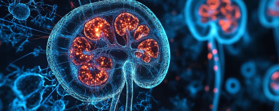 Chronic kidney disease effects on renal tissue, kidney pathology image, histopathology highlighting glomerular damage, tubule fibrosis, medical imaging of kidney degeneration