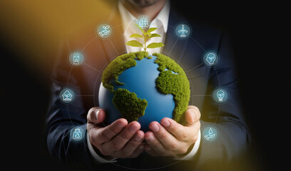 Global Sustainability Through Integrated Green Solutions, Hand holds moss globe with icons of eco-friendly innovations