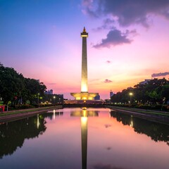 Monument reflected in tranquil water at sunset