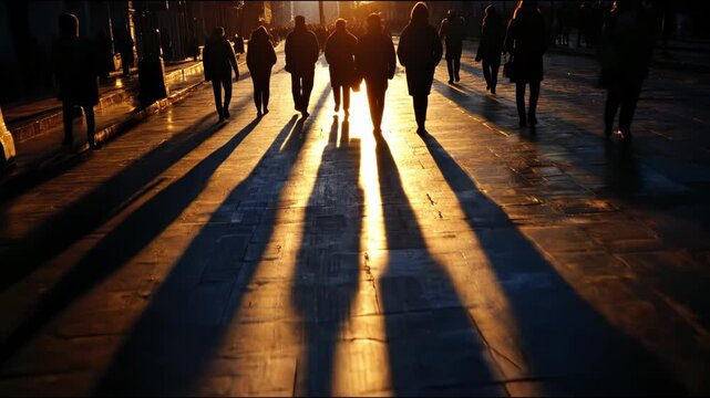 Silhouetted pedestrians cast long shadows on a sun-drenched pavement