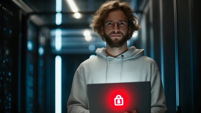 Bearded Man in Hoodie Standing in Server Room with Laptop Showing Flickering Red Lock Icon – Cybersecurity Concept Video for Digital Protection, Software Ads, and Tech Presentations - Powered by Adobe