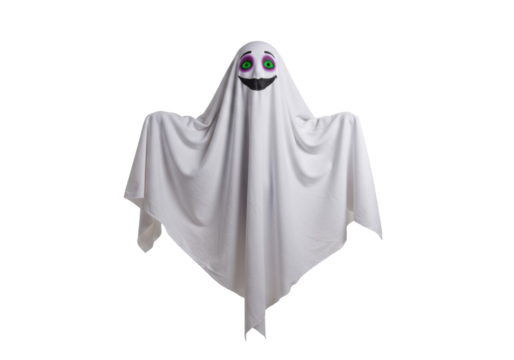 Isolated Halloween Ghost Costume with Purple Eyes and Smiling Mouth – Ready for Fun Party