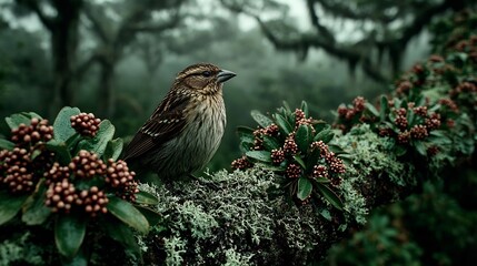 Majestic bird perches on moss-covered branch amidst lush, misty forest with delicate berries, evoking nature's serene beauty and wild tranquility.