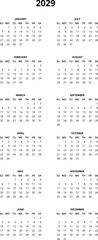 2029 Calendar template. Calendar 2029 - 12 months yearly calendar in year 2029 - planner calendar. Vector illustration for print, web, mobile app on transparent background