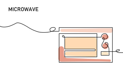 A stylized diagram-style illustration of a microwave inside a kitchen box, featuring a long cord, control panel, shelves, and warm peach tones to convey a modern, home cooking vibe.