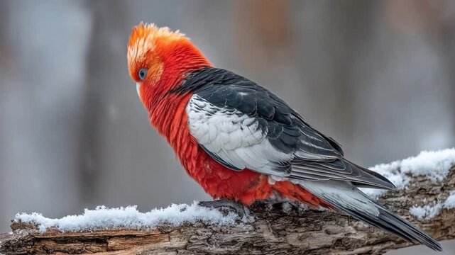Vibrant parrot perched on branch with snow in cold outdoor environment