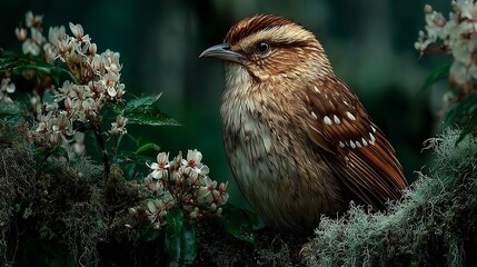 Stunning close-up of a detailed brown bird perched amidst delicate white flowers and lush green foliage, evoking nature's serene beauty.