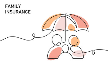 A minimal line drawing shows a family beneath a shared umbrella, symbolizing protection, care, and financial security. Warm color accents convey safety, unity, and support through insurance.