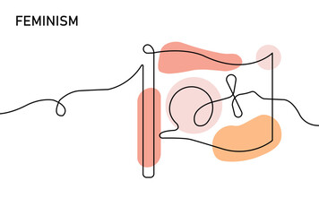 A minimalist line drawing overlay soft orange and pink shapes with the word feminism, conveying theme of gender equality, empowerment and social movement. Suitable for creative and education projects.