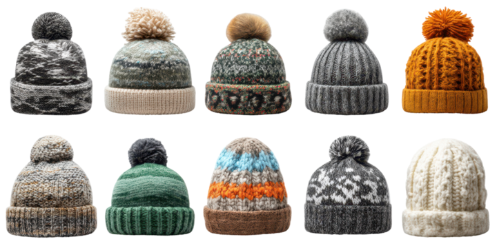 Collection of colorful knitted winter hats with pom poms for cold weather