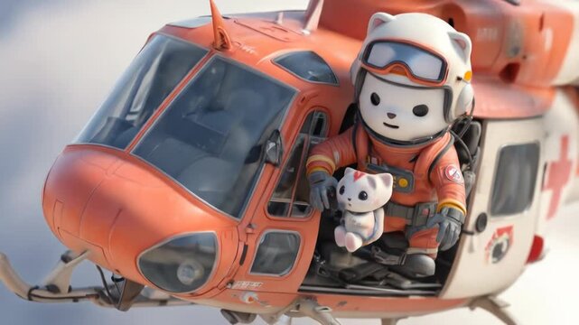 A cartoon bear in a rescue suit holds a smaller bear toy inside an orange helicopter